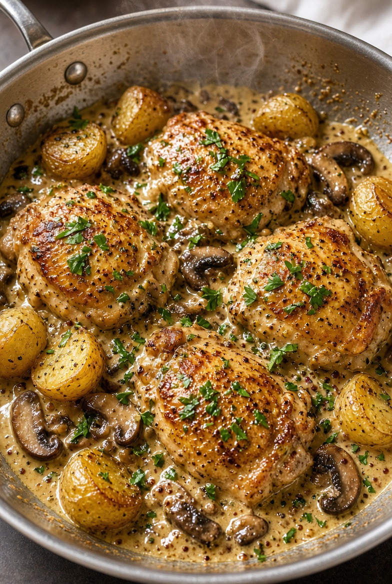 Creamy Mustard Mushroom Chicken Thighs with Potatoes